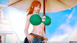 Rule 34 | 1girl, 3d, areola slip, bare shoulders, bent over, bikini, blush, bracelet, breasts, brown eyes, cleavage, covered erect nipples, female focus, flower, highres, hip focus, huge breasts, jewelry, long hair, looking at viewer, lying, nami (one piece), on back, one piece, open mouth, orange hair, smile, solo, swimsuit, tattoo, teeth, thighs, tongue