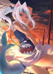 Rule 34 | 1girl, :d, animal ears, blue dress, blue eyes, blue hair, cat ears, cloud, commentary, cowboy shot, dress, extra ears, fins, fish tail, floating clothes, gawr gura, gawr gura (casual), highres, hololive, hololive english, long hair, looking at viewer, md5 mismatch, multicolored hair, open mouth, outdoors, resolution mismatch, revision, shark tail, side ponytail, sidelocks, sky, sleeveless, sleeveless dress, smile, solo, source smaller, sunset, tail, teeth, thighs, torriet, two-tone hair, upper teeth only, virtual youtuber, white hair