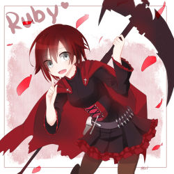 Rule 34 | 1girl, belt, big cat shan, black eyes, bullet, cape, character name, cross, fang, highres, long sleeves, open mouth, pantyhose, petals, red hair, rose petals, ruby rose, rwby, scythe, shan124680, short hair, signature, skirt, smile, solo, weapon