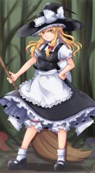 Rule 34 | 13 (spice!!), 1girl, absurdres, apron, bad id, bad pixiv id, black footwear, black skirt, blonde hair, bloomers, blurry, blurry background, bow, broom, closed mouth, full body, hair between eyes, hair bow, hand on own hip, hat, hat bow, highres, holding, kirisame marisa, long hair, looking at viewer, mary janes, puffy short sleeves, puffy sleeves, red bow, shoes, short sleeves, sidelocks, skirt, skirt set, socks, solo, standing, touhou, underwear, waist apron, white apron, white bow, white socks, witch hat, yellow eyes