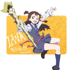 Rule 34 | 10s, 1girl, :d, artist name, blue socks, brown hair, collared shirt, foreshortening, high ponytail, highres, holding, holding staff, kagari atsuko, kneehighs, little witch academia, loafers, long hair, long sleeves, open mouth, red eyes, shirt, shoes, smile, socks, solo, staff, tarou2, white shirt