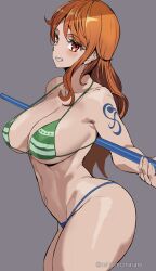 Rule 34 | 1girl, ashiomi masato, bikini, breasts, curvy, grin, highres, holding, holding weapon, large breasts, long hair, looking at viewer, nami (one piece), one piece, polearm, smile, solo, swimsuit, thong, thong bikini, very long hair, weapon, wide hips