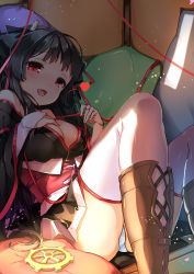 Rule 34 | 1girl, bare shoulders, black hair, blush, breasts, bridal gauntlets, cleavage, hair ribbon, hand on own chest, heart, highres, japanese clothes, kimono, long hair, lying, machine-doll wa kizutsukanai, obi, off shoulder, on back, open mouth, panties, red eyes, red ribbon, ribbon, sash, short kimono, smile, solo, striped clothes, striped panties, teeth (artist), thighhighs, underwear, white thighhighs, yaya (machine-doll)