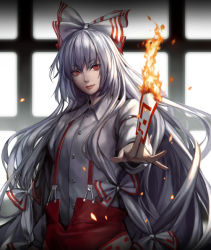 Rule 34 | 1girl, arm up, between fingers, blouse, bow, fire, fujiwara no mokou, hair bow, holding, komecchi, long hair, looking at viewer, ofuda, ofuda between fingers, ofuda on clothes, red eyes, ribbon, shirt, silver hair, smile, solo, suspenders, touhou, very long hair, white shirt