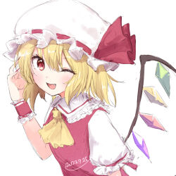 Rule 34 | 1girl, :d, ;d, ascot, blonde hair, commentary, crystal, dated, fang, flandre scarlet, flat chest, frilled shirt collar, frills, hand up, hat, hat ribbon, highres, looking at viewer, medium hair, mob cap, one eye closed, one side up, open mouth, red eyes, red ribbon, red vest, ribbon, shiisaa3, short sleeves, simple background, smile, solo, touhou, upper body, vest, white background, white hat, wings, wrist cuffs, yellow ascot