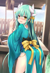 Rule 34 | 1girl, ass, back, blush, breasts, bucket, dragon girl, dragon horns, fate/grand order, fate (series), green hair, green kimono, horns, japanese clothes, kimono, kiyohime (fate), long hair, long sleeves, looking at viewer, looking back, medium breasts, multiple horns, obi, open mouth, rope, sash, sen (astronomy), smile, solo, thighs, well, wide sleeves, wooden bucket, yellow eyes