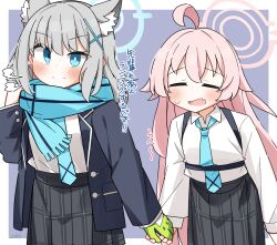 Rule 34 | 2girls, ahoge, animal ear fluff, animal ears, black jacket, blazer, blue archive, blue eyes, blue necktie, blue scarf, blush, breath, closed eyes, closed mouth, collared shirt, dash b, fang, fringe trim, gloves, green gloves, grey hair, grey skirt, hair between eyes, halo, highres, holding hands, hoshino (blue archive), jacket, multiple girls, necktie, open clothes, open jacket, open mouth, pink hair, plaid, plaid skirt, pleated skirt, purple background, scarf, shiroko (blue archive), shirt, skirt, smile, sweat, translation request, two-tone background, white background, white shirt