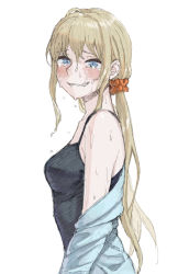 Rule 34 | 1girl, bare shoulders, blonde hair, blue eyes, blush, breasts, crying, crying with eyes open, grin, haioku colonel, long hair, looking at viewer, off shoulder, original, simple background, smile, solo, sweat, tank top, tears, white background
