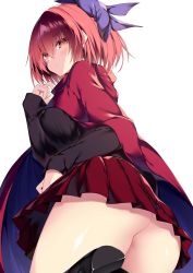 Rule 34 | 1girl, ass, ass focus, black shirt, blue bow, blush, bow, cloak, closed mouth, hair between eyes, hair bow, highres, long sleeves, pleated skirt, red cloak, red eyes, red hair, red skirt, sakurame, sekibanki, shirt, short hair, simple background, skirt, solo, touhou, white background
