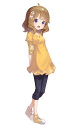 Rule 34 | 1girl, absurdres, ahoge, arms behind back, black pants, blush, breasts, brown hair, commentary, dress, europa1444, flower, full body, hair flower, hair ornament, highres, idolmaster, idolmaster million live!, looking at viewer, pants, shoes, simple background, small breasts, smile, sneakers, solo, suou momoko, white background, yellow dress