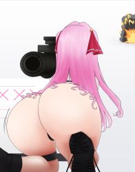 Rule 34 | 1girl, absurdres, artist request, ass, bikini, cameltoe, explosion, from behind, goddess of victory: nikke, hair ribbon, high heels, highres, huge ass, jiggle, kneeling, long hair, motion lines, nodachi, pink hair, ribbon, rocket launcher, shiny clothes, shiny skin, solo, swimsuit, thick thighs, thigh strap, thighs, thong, thong bikini, very long hair, weapon, yuni (nikke)