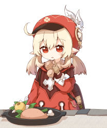 Rule 34 | 1girl, absurdres, ahoge, backpack, bag, brown eyes, brown gloves, brown scarf, cabbie hat, chicken (food), clover print, coat, commentary request, finger to mouth, food, fruit, genshin impact, gloves, hair between eyes, hat, hat feather, hat ornament, highres, hotplate, index finger raised, klee (genshin impact), light brown hair, long hair, low twintails, parted lips, pointy ears, randoseru, red coat, scarf, sidelocks, simple background, solo, twintails, white background, yoshinao (yoshinao 0203)