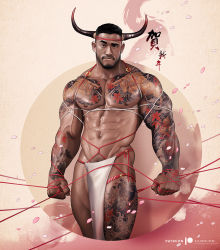 Rule 34 | 1boy, abs, animal ears, arm tattoo, bara, bare pectorals, beard, black hair, bound, bound wrists, bulge, chest tattoo, chinese text, chinese zodiac, cow boy, cow ears, cow horns, dark skin, dark-skinned male, facial hair, feet out of frame, happy new year, horns, large pectorals, leg tattoo, looking at viewer, male focus, mature male, muscular, muscular male, navel, navel hair, new year, nipples, original, pectorals, pelvic curtain, raised eyebrow, realistic, rope, short hair, shoulder tattoo, silverjow, solo, stomach, tattoo, thick thighs, thighs, translation request, year of the ox