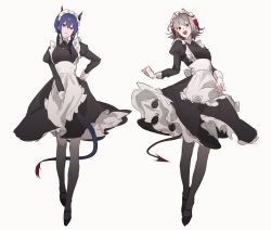 Rule 34 | 2girls, absurdres, alternate costume, apron, arknights, black dress, black footwear, blue hair, blush, breasts, ch&#039;en (arknights), closed mouth, demon horns, demon tail, dragon horns, dress, enmaided, expressionless, frilled dress, frills, full body, hair between eyes, hand on own hip, highres, horns, long sleeves, looking at viewer, maid, maid apron, maid headdress, medium breasts, medium hair, multicolored hair, multiple girls, open mouth, orange eyes, puffy long sleeves, puffy sleeves, red eyes, red hair, ryat, shoes, short hair, siblings, silver hair, simple background, sisters, sketch, smile, streaked hair, tail, twintails, two-tone hair, w (arknights), white background