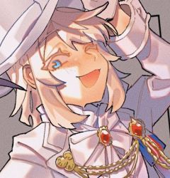 Rule 34 | 1boy, 1other, adjusting clothes, adjusting headwear, blonde hair, blouse, blue eyes, blush, bow, collar chain (jewelry), collared shirt, colored eyelashes, formal, gloves, gomoku (gomoku418), grey background, hat, lowres, male focus, one eye closed, open mouth, portrait, shirt, short hair, sidelocks, smile, solo, suit, swept bangs, tokyo houkago summoners, tuaring (housamo), white shirt, white suit