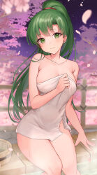 Rule 34 | breasts, cherry blossoms, cleavage, collarbone, fire emblem, green eyes, green hair, haru (nakajou-28), heart, heart-shaped pupils, highres, long hair, looking at viewer, lyn (fire emblem), medium breasts, naked towel, night, night sky, nintendo, onsen, ponytail, sitting, sky, smile, symbol-shaped pupils, towel