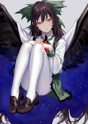 Rule 34 | 1girl, arched soles, artist name, ass, bird wings, black wings, bow, brown footwear, brown hair, cape, closed mouth, collared shirt, double exposure, expressionless, eyebrows hidden by hair, feathered wings, fkey, frilled shirt collar, frills, full body, gem, green bow, green skirt, grey background, hair between eyes, hair bow, hair spread out, hands up, head tilt, highres, interlocked fingers, knees up, legs, lips, loafers, long hair, long sleeves, looking at viewer, pantyhose, realistic, red eyes, red gemstone, reiuji utsuho, revision, shirt, shoes, signature, simple background, sitting, skirt, solo, space print, spread wings, starry sky print, touhou, upskirt, very long hair, white cape, white pantyhose, white shirt, wing collar, wings