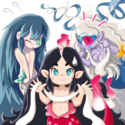 Rule 34 | 10s, 3girls, aqua eyes, aqua hair, black hair, blush, breasts, colored skin, cyclops, flat chest, fubukihime, fuumin (youkai watch), green eyes, hair censor, hair down, kumalita, large breasts, long hair, looking at viewer, mermaid, monster girl, multiple girls, navel, ningyo (youkai watch), no pupils, nude, one-eyed, one eye closed, open mouth, pink eyes, pointy ears, purple skin, sweatdrop, topless, very long hair, white background, traditional youkai, youkai watch