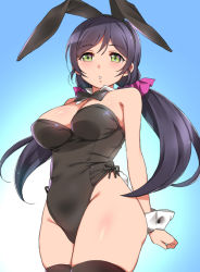 Rule 34 | 1girl, :o, animal ears, bare hips, bare shoulders, black bow, black bowtie, black hair, black hairband, black leotard, black ribbon, black thighhighs, blue background, blush, bow, bowtie, breasts, cleavage, detached collar, duke (inu daimyou), fake animal ears, fake tail, gradient background, green eyes, hair ornament, hair scrunchie, hairband, highleg, highleg leotard, large breasts, leotard, long hair, looking at viewer, love live!, love live! school idol project, low twintails, parted bangs, parted lips, playboy bunny, rabbit ears, rabbit tail, ribbon, scrunchie, side-tie leotard, solo, strapless, strapless leotard, tail, thighhighs, thighs, tojo nozomi, twintails, very long hair, wrist cuffs
