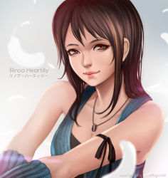 Rule 34 | 1990s (style), 1girl, arm ribbon, arm warmers, artist name, black ribbon, breasts, brown eyes, brown hair, character name, cleavage, closed mouth, collarbone, eyelashes, facebook username, feathers, final fantasy, final fantasy viii, gradient background, jewelry, lips, long hair, looking at viewer, magion02, medium breasts, necklace, nose, retro artstyle, ribbon, rinoa heartilly, solo, upper body, watermark, web address
