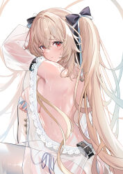 Rule 34 | 1girl, absurdres, alternate costume, anchorage (azur lane), anchorage (dolphins and swim lessons) (azur lane), azur lane, back, bikini, breasts, brown hair, collar, covering privates, covering breasts, hair between eyes, hair ornament, highres, large breasts, long hair, looking at viewer, looking back, official alternate costume, pout, red eyes, ribbon, simple background, solo, sora01o, string bikini, swimsuit, thighhighs, twintails, wet, white background