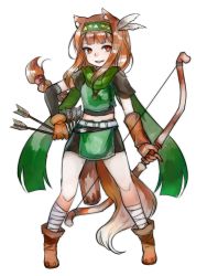 Rule 34 | 1girl, animal ears, ankle wrap, arrow (projectile), asymmetrical gloves, boots, bow (weapon), braid, brown eyes, brown hair, commentary request, feather hair ornament, feathers, full body, gloves, green scarf, hairband, highres, holo, legs apart, long hair, looking at viewer, mayumura basako, midriff, mismatched gloves, quiver, scarf, simple background, single braid, solo, spice and wolf, tail, weapon, white background, wolf ears, wolf tail