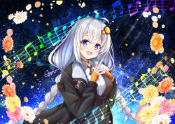 Rule 34 | 1girl, absurdres, ahoge, beamed eighth notes, beamed sixteenth notes, black coat, black dress, blue eyes, bomber jacket, bracelet, braid, breasts, coat, commentary, dress, eighth note, elbow gloves, emn, fingerless gloves, flower, fur-trimmed coat, fur trim, gloves, hair ornament, hand on own chest, highres, interlocked fingers, jacket, jewelry, kizuna akari, light blush, long hair, looking at viewer, medium breasts, musical note, open mouth, orange gloves, pink flower, quarter note, rainbow, red flower, silver hair, smile, solo, space, staff (music), star (sky), star (symbol), star print, twin braids, upper body, very long hair, vocaloid, voiceroid, white flower, yellow flower