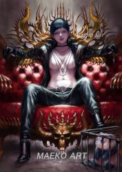 Rule 34 | 1girl, artist name, belt, black gloves, black hair, blue eyes, boots, breasts, cage, choker, couch, cross, cross earrings, earrings, female focus, gloves, high collar, highres, jacket, jewelry, leather, leather jacket, leather pants, lips, lipstick, looking at viewer, maeko (pixiv17012595), makeup, navel, necklace, necktie, no nipples, open clothes, open jacket, original, panda, pants, parted lips, sitting, solo, watermark