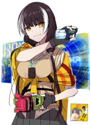 Rule 34 | 1girl, black hair, black skirt, breasts, commentary request, crossover, fingerless gloves, girls&#039; frontline, gloves, holding, kamen rider, kamen rider ex-aid, kamen rider ex-aid (series), long hair, looking at viewer, medium breasts, multicolored hair, rider gashat, ro635 (girls&#039; frontline), skirt, smile, upper body, white hair, xiujia yihuizi, yellow eyes