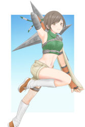 Rule 34 | 1girl, arm up, armor, armpits, artist name, blue background, breasts, brown eyes, brown hair, brown shorts, closed mouth, commentary, crop top, cropped sweater, elbow gloves, final fantasy, final fantasy vii, fingerless gloves, fishnet thighhighs, fishnets, forehead protector, full body, garter straps, gloves, gradient background, green sweater, headband, highres, holding, holding weapon, huge weapon, knee up, leg warmers, looking at viewer, medium breasts, midriff, moelleuse, navel, orange footwear, orange gloves, outside border, pauldrons, ribbed sweater, running, shoes, short hair, short shorts, shorts, shoulder armor, shuriken, single pauldron, sleeveless, sleeveless sweater, smile, socks, solo, sweater, swept bangs, thighhighs, turtleneck, turtleneck sweater, twitter username, very short hair, weapon, white socks, yuffie kisaragi