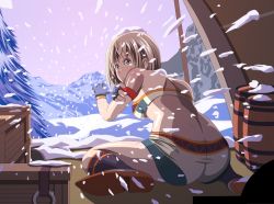 Rule 34 | 1girl, bikini, brown eyes, brown hair, camping, capcom, character request, cold, fingerless gloves, from behind, gloves, kneeling, looking back, monster hunter (series), mountain, sitting, snow, snowing, solo, swimsuit, tsukumo (soar99), wariza, wind