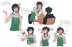 Rule 34 | 2boys, ahoge, alcohol, androgynous, apron, black hair, blue hair, blush, bottle, braid, chair, closed eyes, coffee cup, collared shirt, cup, disposable cup, drinking, english text, flower, genshin impact, gradient hair, green eyes, green hair, hair flower, hair ornament, heart, highres, holding, holding bottle, holding cup, leaf, leaning on object, long sleeves, male focus, multicolored hair, multiple boys, musical note, one eye closed, open mouth, shirt, short hair with long locks, simple background, sleeves rolled up, smile, solo focus, speech bubble, starbucks, starfauna, table, twin braids, two-tone hair, v, venti (genshin impact), white background, white flower, white shirt, xiao (genshin impact)