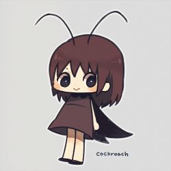 Rule 34 | 1girl, :&gt;, antennae, ayu (mog), bad id, bad pixiv id, black eyes, blush, brown hair, bug, cockroach, english text, full body, grey background, insect, lowres, original, personification, simple background, solo