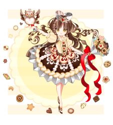Rule 34 | 1girl, arm up, bird, bird on hand, bouquet, bow, bracelet, bright pupils, brown dress, brown footwear, brown hair, checkerboard cookie, chocolate chip cookie, cookie, dress, flower, food, food-themed clothes, full body, hat, high heels, highres, jewelry, layered dress, lolita fashion, long hair, looking at viewer, mochikin (jijijin), original, owl, personification, pocketland, print dress, puffy sleeves, red bow, shoes, smile, solo, standing, yellow eyes