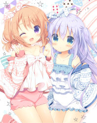 Rule 34 | 2girls, ;d, aono ribbon, bare shoulders, blue eyes, blue hair, blush, camisole, card, club (shape), collarbone, commentary request, diamond (shape), dress, gochuumon wa usagi desu ka?, hair between eyes, hair ribbon, hands up, holding hands, hoto cocoa, jacket, kafuu chino, light brown hair, long hair, long sleeves, multiple girls, off shoulder, one eye closed, one side up, open clothes, open jacket, open mouth, pennant, pink legwear, pink shorts, playing card, purple eyes, ribbon, short shorts, shorts, sleeveless, sleeveless dress, sleeves past wrists, smile, socks, star (symbol), string of flags, striped clothes, striped legwear, striped socks, very long hair, w, white camisole, white dress, white jacket, white ribbon