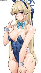 Rule 34 | 1girl, absurdres, animal ears, bare shoulders, blonde hair, blue archive, blue eyes, blue leotard, blue ribbon, blush, braid, breasts, commentary, cowboy shot, cromwellb, detached collar, earpiece, fake animal ears, groin, hair intakes, hair ribbon, halo, hand up, headset, highleg, highleg leotard, highres, leotard, linea alba, long hair, medium breasts, multicolored hair, neck ribbon, official alternate costume, playboy bunny, rabbit ears, rabbit tail, ribbon, simple background, solo, strapless, strapless leotard, streaked hair, tail, thick thighs, thighs, toki (blue archive), toki (bunny) (blue archive), twitter username, very long hair, wide hips, wrist cuffs