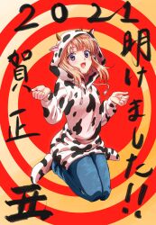 Rule 34 | 1girl, 2021, animal ears, animal print, chinese zodiac, commentary request, cow ears, cow print, fake animal ears, fake horns, full body, highres, hood, hoodie, horns, ishimoto shun&#039;ichi, no shoes, open mouth, orange hair, original, purple eyes, smile, solo, translation request, year of the ox