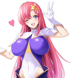 Rule 34 | 1girl, :d, absurdres, breasts, covered erect nipples, covered navel, gloves, gundam, gundam seed, gundam seed destiny, hair between eyes, hair ornament, heart, highleg, highleg leotard, highres, impossible clothes, impossible leotard, large breasts, leotard, long hair, looking at viewer, marui koishi, meer campbell, one eye closed, open mouth, pink hair, purple eyes, purple leotard, revision, shiny clothes, shiny skin, simple background, skin tight, smile, solo, standing, star (symbol), star hair ornament, very long hair, white gloves