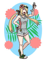 Rule 34 | 1girl, arm up, blonde hair, breasts, cosplay, creatures (company), cynthia (pokemon), feet, female focus, flower, full body, game freak, groin, habatakuhituji, hair flower, hair ornament, hair over one eye, hand on own hip, happy, holding, holding ladle, ladle, long hair, looking at viewer, mallow (pokemon), mallow (pokemon) (cosplay), medium breasts, nintendo, open mouth, overalls, pink eyes, pokemon, pokemon dppt, pokemon sm, shoes, simple background, smile, solo, standing, swept bangs, twintails