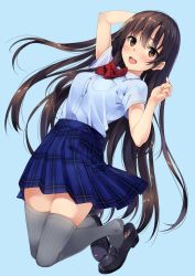 Rule 34 | 1girl, :d, arm up, black footwear, blouse, blue background, blue skirt, breast pocket, breasts, brown eyes, brown hair, full body, grey thighhighs, hand up, highres, loafers, long hair, looking at viewer, medium breasts, open mouth, original, plaid, plaid skirt, pleated skirt, pocket, ribbed legwear, shirt, shoes, short sleeves, simple background, skirt, smile, solo, thighhighs, thighs, unasaka ryou, very long hair, white shirt
