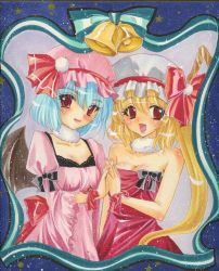 Rule 34 | 2girls, :d, bad id, bad pixiv id, bare shoulders, bat wings, bell, blonde hair, blush, bow, breasts, choker, christmas, cleavage, female focus, flandre scarlet, holding hands, hat, hat ribbon, interlocked fingers, long hair, mitsuba (threeleaf), multiple girls, open mouth, red eyes, remilia scarlet, ribbon, short hair, siblings, side ponytail, sisters, small breasts, smile, star (symbol), touhou, wings