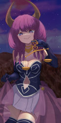 Rule 34 | 1girl, :&gt;, absurdres, arm behind back, aura (sousou no frieren), balance scale, black gloves, blue eyes, braid, breasts, cleavage, clothing cutout, commentary request, cowboy shot, demon girl, demon horns, elbow gloves, gloves, hand up, highres, holding scale, horns, long hair, looking at viewer, medium breasts, navel cutout, night, night sky, open mouth, pleated skirt, purple hair, skirt, sky, smfp2517, smile, solo, sousou no frieren, standing, weighing scale, white skirt