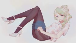 Rule 34 | 10s, 1girl, black pantyhose, blouse, blue eyes, breasts, casual, clothes pull, denim, denim shorts, diana cavendish, full body, green hair, high heels, highres, legs, little witch academia, looking at viewer, lying, maredoro, no panties, on back, pantyhose, ponytail, shirt, short sleeves, shorts, shorts pull, simple background, smile, solo, white background