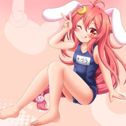 Rule 34 | 10s, 1girl, :d, animal ears, barefoot, breasts, rabbit hair ornament, crescent, crescent hair ornament, fake animal ears, hair ornament, highres, kantai collection, long hair, low-tied long hair, open mouth, pink background, pink hair, rabbit ears, red eyes, school swimsuit, sills, sitting, small breasts, smile, solo, swimsuit, uzuki (kancolle)