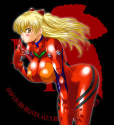 Rule 34 | 1girl, arched back, black background, breasts, cosplay, covered erect nipples, cowboy shot, english text, from side, hair between eyes, hand on own thigh, huge breasts, kamia (not found), matsuoka kiyone, neon genesis evangelion, original, outline, plugsuit, plugsuit (cosplay), skin tight, solo, souryuu asuka langley, souryuu asuka langley (cosplay), standing, twintails, two side up