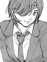Rule 34 | 1girl, ajo cnsw, black hair, chainsaw man, collared shirt, eyepatch, formal, greyscale, head tilt, himeno (chainsaw man), holding, jacket, light smile, looking at viewer, monochrome, necktie, shirt, shirt tucked in, short hair, solo, suit, suit jacket, white shirt