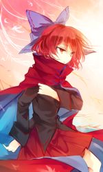 Rule 34 | 1girl, black shirt, blue ribbon, cape, hair ribbon, kutsuki kai, long sleeves, miniskirt, multicolored cape, multicolored clothes, pleated skirt, red eyes, red hair, red skirt, ribbon, sekibanki, shirt, short hair, skirt, solo, touhou, two-sided cape, two-sided fabric