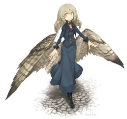 Rule 34 | 1girl, asterisk kome, blonde hair, blue skirt, boots, buttons, cropped jacket, long skirt, low wings, neck ribbon, red neckwear, ribbon, sett, signature, skirt, smile, vest, white background, winged fusiliers, wings, yellow eyes