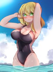 Rule 34 | 1girl, absurdres, arm behind head, armpits, arms up, bare arms, bare shoulders, black one-piece swimsuit, blonde hair, blue sky, blush, breasts, cleavage, cloud, collarbone, commentary request, competition swimsuit, covered navel, cowboy shot, day, green eyes, groin, hair between eyes, highres, large breasts, long hair, looking at viewer, ocha no mae, one-piece swimsuit, original, outdoors, parted lips, sky, smile, solo, standing, sunlight, swimsuit, water