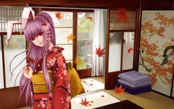 Rule 34 | 1girl, alternate costume, animal ears, architecture, autumn, bad id, bad pixiv id, rabbit ears, east asian architecture, female focus, flower, hair flower, hair ornament, highres, japanese clothes, kimono, leaf, lips, long hair, looking at viewer, maple leaf, nail polish, nonoko, purple hair, red eyes, red nails, reisen udongein inaba, sliding doors, smile, solo, touhou, yuuka nonoko